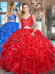 Pretty Red V-neck Neckline Lace and Ruffles 15 Quinceanera Dress Sleeveless Zipper