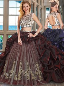 Scoop Burgundy Two Pieces Beading and Embroidery and Pick Ups Sweet 16 Dresses Backless Organza and Tulle Cap Sleeves With Train
