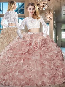 Pink Two Pieces Organza Scoop Long Sleeves Beading and Lace and Ruffles Zipper Quinceanera Dresses Brush Train