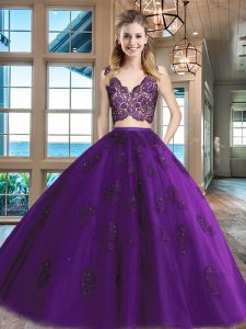 Fabulous Sleeveless Floor Length Lace and Appliques Zipper Party Dress for Girls with Purple