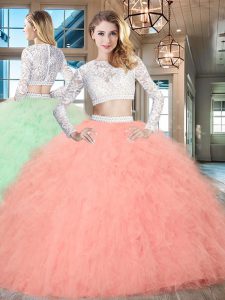 Sumptuous Watermelon Red Zipper Scoop Beading and Lace and Ruffles Sweet 16 Dress Tulle Long Sleeves