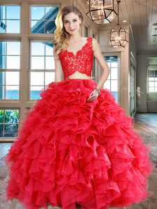 Cute Two Pieces Sweet 16 Dresses Red V-neck Organza Sleeveless Floor Length Zipper