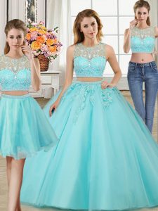 Artistic Three Piece Scoop Aqua Blue Sleeveless Tulle Zipper Quinceanera Gowns for Military Ball and Sweet 16 and Quinceanera