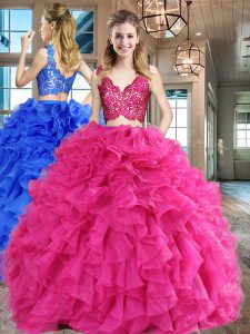 Amazing Hot Pink Two Pieces V-neck Sleeveless Organza Floor Length Zipper Lace and Ruffles 15 Quinceanera Dress