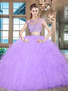 Adorable Scoop Beading and Appliques and Ruffles Sweet 16 Dress Lavender Zipper Cap Sleeves Floor Length