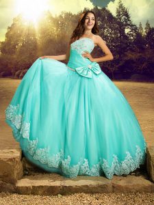 High Class Apple Green Ball Gowns Tulle Strapless Sleeveless Beading and Lace and Bowknot Floor Length Lace Up Ball Gown Prom Dress