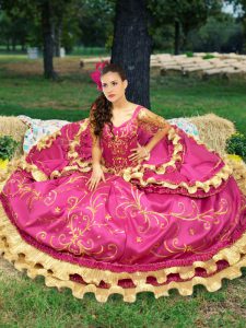 Fuchsia Off The Shoulder Lace Up Beading and Embroidery 15th Birthday Dress Sleeveless