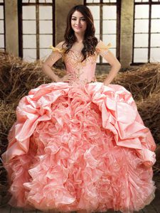 Lovely Off the Shoulder Sleeveless Beading and Ruffles and Pick Ups Lace Up Quinceanera Gowns