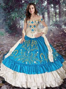 High Class Off the Shoulder Teal Taffeta Lace Up 15 Quinceanera Dress Cap Sleeves Embroidery and Ruffled Layers