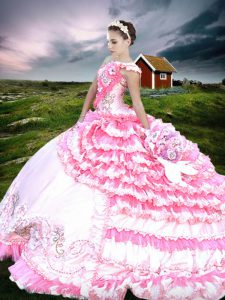 One Shoulder Sleeveless Quinceanera Dresses Floor Length Beading and Embroidery and Ruffled Layers Pink And White Organza and Taffeta