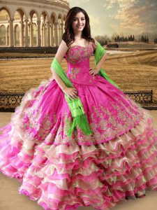 Trendy Hot Pink Ball Gowns Beading and Embroidery and Ruffled Layers 15 Quinceanera Dress Lace Up Organza and Taffeta Sleeveless Floor Length