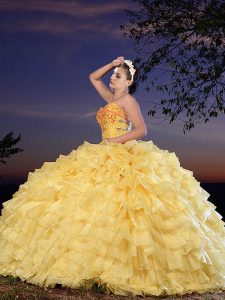 Gold Organza Lace Up 15 Quinceanera Dress Sleeveless Floor Length Beading and Ruffled Layers