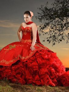 Red Lace Up Sweetheart Embroidery and Ruffles 15 Quinceanera Dress Organza and Taffeta Sleeveless Brush Train