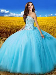 Sexy Floor Length Lace Up Sweet 16 Quinceanera Dress Aqua Blue for Military Ball and Sweet 16 and Quinceanera with Beading and Bowknot