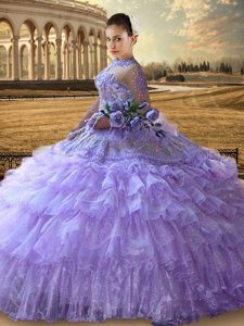Artistic Floor Length Lavender Quinceanera Gowns Tulle Long Sleeves Beading and Embroidery and Ruffled Layers