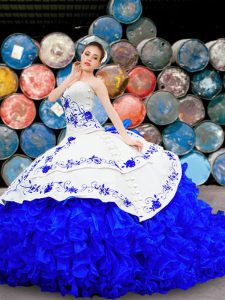 Top Selling Organza and Taffeta Sweetheart Sleeveless Brush Train Lace Up Embroidery and Ruffles Ball Gown Prom Dress in White and Blue