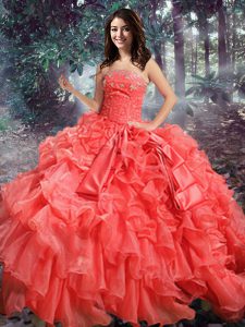 Discount Coral Red Organza Lace Up Quinceanera Gown Sleeveless Floor Length Beading and Ruffles