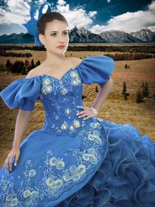 Popular Blue Off The Shoulder Neckline Appliques and Ruffles 15 Quinceanera Dress Short Sleeves Lace Up