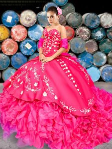 Hot Pink Ball Gowns Beading and Embroidery and Ruffles Sweet 16 Quinceanera Dress Lace Up Organza and Taffeta Sleeveless With Train
