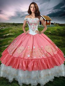 Gorgeous Off the Shoulder Sleeveless Lace Up Floor Length Embroidery and Ruffled Layers Quinceanera Gown