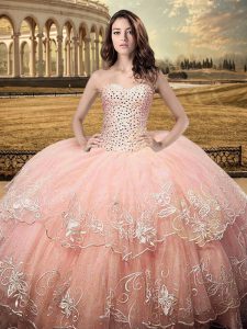 Tulle Sweetheart Sleeveless Lace Up Beading and Embroidery 15th Birthday Dress in Peach