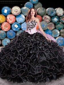 High End Black Organza Lace Up Sweetheart Sleeveless Floor Length 15 Quinceanera Dress Beading and Ruffles and Pick Ups