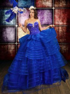 Attractive Royal Blue Organza Lace Up Sweetheart Sleeveless Floor Length Quince Ball Gowns Beading and Ruffled Layers