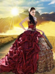 Chic Sleeveless With Train Beading and Ruffled Layers and Pick Ups Lace Up Quinceanera Dresses with Burgundy Court Train