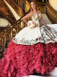 White and Red Lace Up Sweetheart Embroidery and Ruffles 15 Quinceanera Dress Organza and Taffeta Sleeveless Brush Train