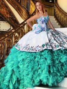 Floor Length Lace Up Dama Dress Multi-color for Military Ball and Sweet 16 and Quinceanera with Appliques and Embroidery