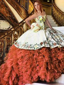 Exquisite Rust Red Ball Gowns Organza Sweetheart Sleeveless Appliques and Embroidery and Ruffles Floor Length Lace Up Sweet 16 Quinceanera Dress