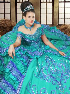 Gorgeous Turquoise Lace Up Off The Shoulder Embroidery Ball Gown Prom Dress Satin Sleeveless