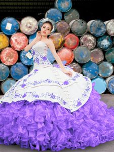 Sophisticated White And Purple Sweetheart Lace Up Appliques and Embroidery and Ruffles Sweet 16 Dresses Sleeveless