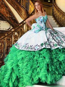 Sweetheart Sleeveless Sweet 16 Quinceanera Dress Floor Length Appliques and Embroidery and Ruffles Organza