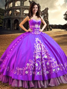 Purple Ball Gowns Satin Sweetheart Sleeveless Embroidery Floor Length Lace Up Quinceanera Dresses