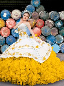 Beautiful Yellow And White Sweetheart Neckline Appliques and Embroidery and Ruffles 15 Quinceanera Dress Sleeveless Lace Up