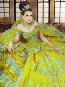 Off the Shoulder Sleeveless Satin Floor Length Lace Up Quince Ball Gowns in Light Yellow with Embroidery