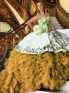 Yellow And White Ball Gowns Organza Sweetheart Sleeveless Appliques and Embroidery Floor Length Lace Up Quinceanera Gown