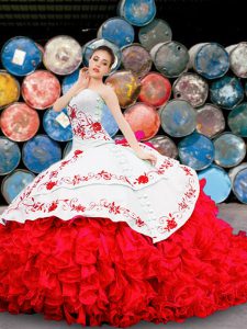 Customized Floor Length White And Red Quinceanera Gown Sweetheart Sleeveless Lace Up