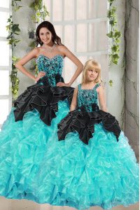 Eye-catching Turquoise Organza Lace Up Sweetheart Sleeveless Floor Length Quinceanera Dresses Beading and Ruffles