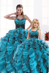 Aqua Blue Ball Gowns Organza Sweetheart Sleeveless Beading and Appliques and Ruffles Floor Length Lace Up Quinceanera Dresses