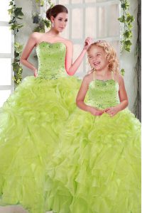 Custom Designed Yellow Green Strapless Neckline Beading and Ruffles Sweet 16 Dress Sleeveless Lace Up