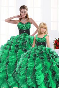 Organza Sweetheart Sleeveless Lace Up Beading and Appliques and Ruffles Quinceanera Dresses in Green