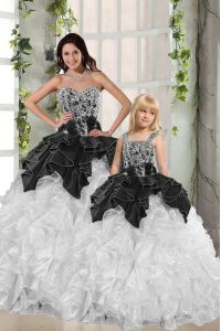 Dramatic White and Black Organza Lace Up Vestidos de Quinceanera Sleeveless Floor Length Beading and Ruffles