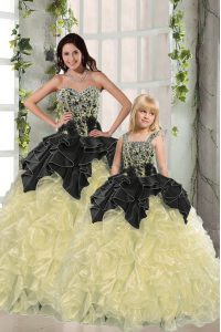Pretty Organza Sweetheart Sleeveless Lace Up Beading and Ruffles Ball Gown Prom Dress in Light Yellow