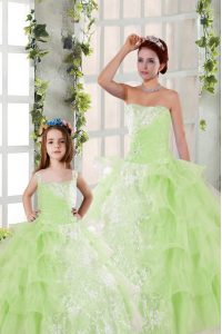 Customized Floor Length Yellow Green 15 Quinceanera Dress Organza Sleeveless Beading and Ruffled Layers and Ruching