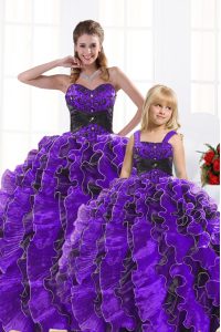 Sleeveless Organza Floor Length Lace Up Ball Gown Prom Dress in Black And Purple with Beading and Appliques and Ruffles