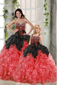 Sleeveless Organza Floor Length Lace Up Quinceanera Gown in Red And Black with Beading and Ruffles