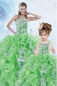 Green Lace Up Sweetheart Beading and Ruffles and Sequins 15th Birthday Dress Organza Sleeveless
