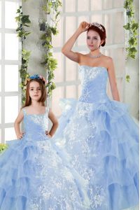 Exceptional Blue Ball Gowns Organza Strapless Sleeveless Embroidery and Ruffled Layers Floor Length Lace Up 15 Quinceanera Dress